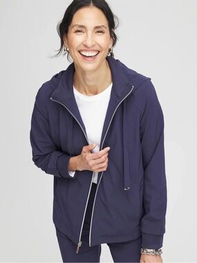 Chico's Navy Zip-Front Hooded Jacket 3/4 sleeve